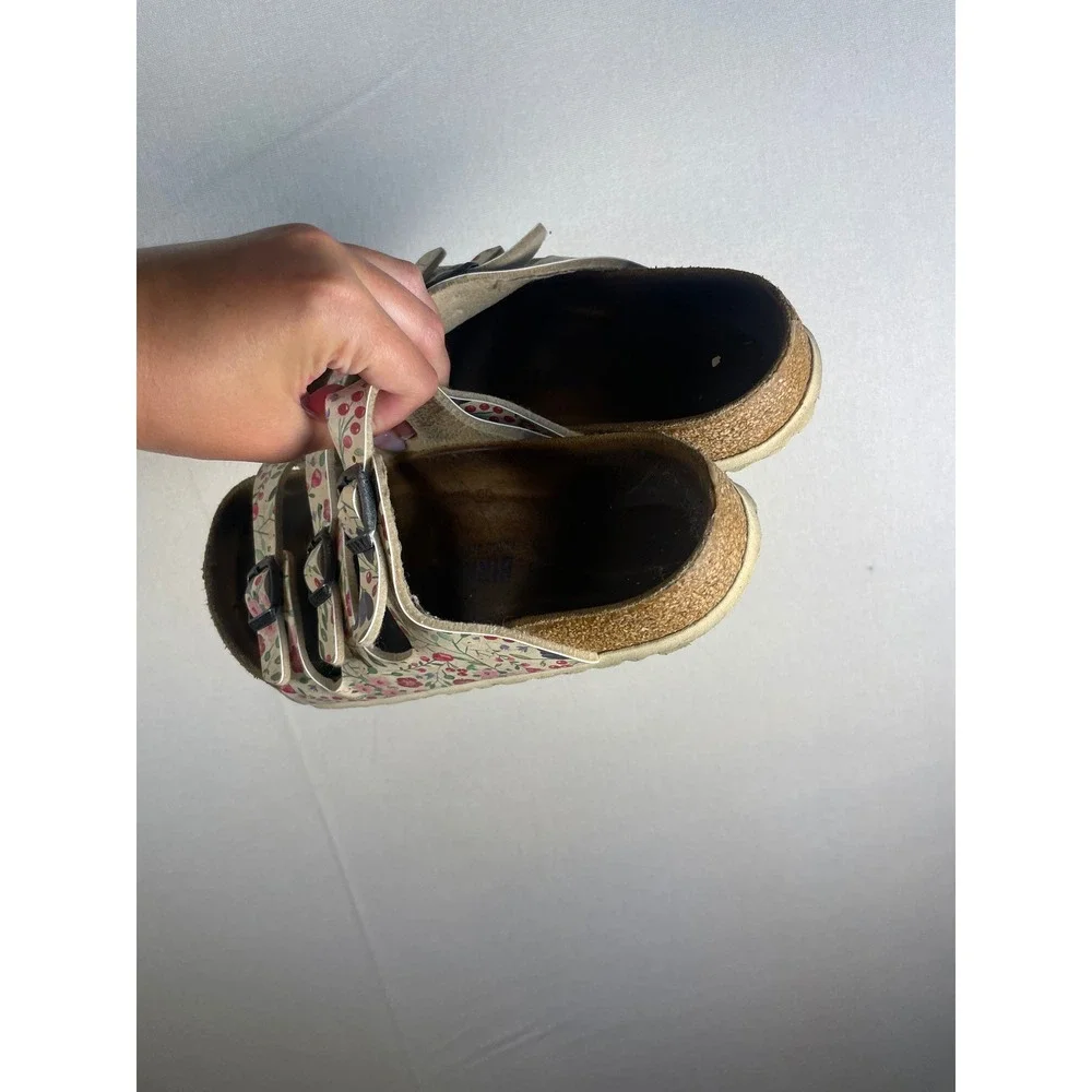Birkenstock Florida Floral Three Strap Slide Sandals Cream Multicolor Size 36
